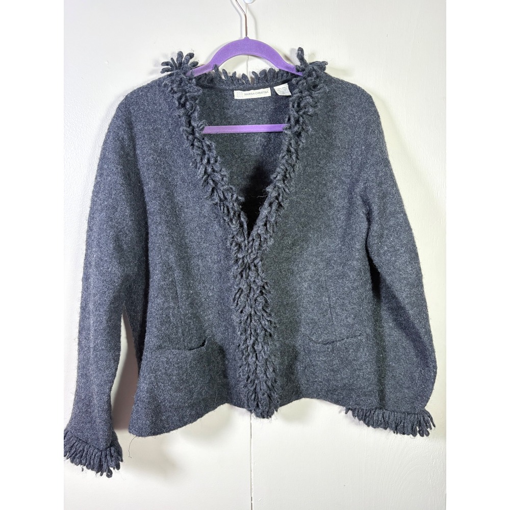 Marisa Christina Vtg Gray 100% Wool Fringe Shaggy Cardigan Sweater XL Whimsigoth